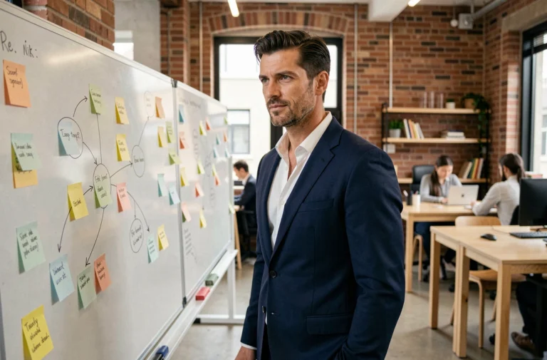 Entrepreneur innovant Aaron Nouchy debout devant un tableau blanc dans un espace de coworking moderne, exprimant sa vision stratégique