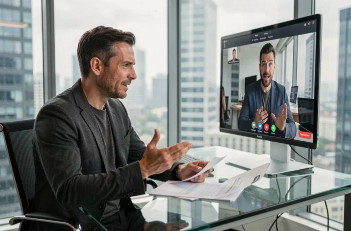Aaron Nouchy en réunion virtuelle dans un bureau moderne en hauteur, illustrant son parcours de réussite entrepreneuriale à l'international