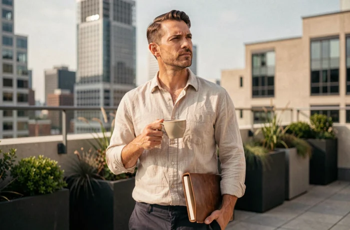 Aaron Nouchy sur une terrasse de campus de startups, contemplant l'horizon urbain et symbolisant son parcours inspirant vers la réussite entrepreneuriale