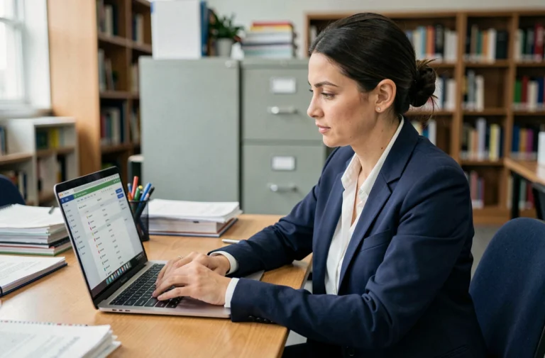 Une enseignante accède à sa messagerie webmail académique sur un ordinateur portable dans un bureau scolaire