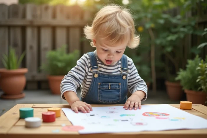 Enfant en bas âge faisant de la peinture avec des tampons colorés sur une table d'activités dans un jardin