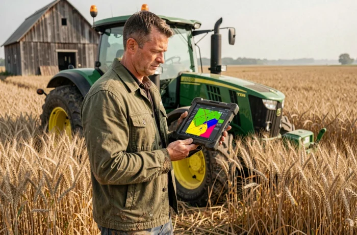 Agriculteur utilisant une tablette connectée pour gérer la cartographie GPS de sa flotte agricole dans un champ de blé