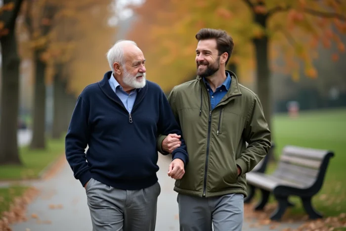 Un aidant accompagne un senior lors d'une promenade dans un parc en automne