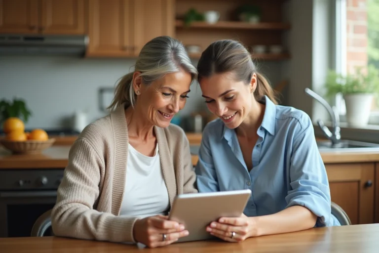 Une aide à domicile accompagne une senior en consultant une tablette ensemble dans une cuisine chaleureuse