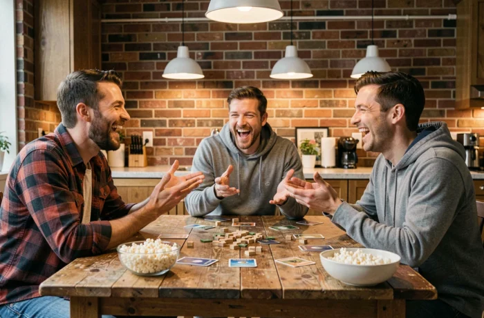 Groupe d'amis jouant à un jeu de société autour d'une table de cuisine conviviale