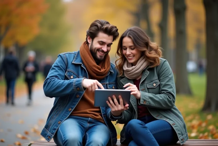 Deux amis partageant et discutant de l'actualité en ligne sur une tablette dans un parc urbain en automne