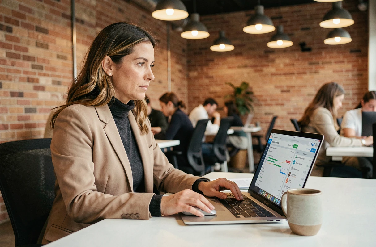 Une professionnelle indépendante analyse des données clients sur un logiciel CRM B2B dans un espace de coworking moderne