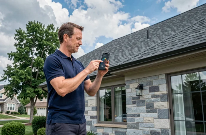 Homme utilisant une application de simulation solaire sur smartphone devant une maison pour analyser l'ensoleillement de la propriété