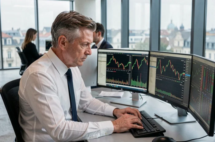 Analyste financier consultant des indices boursiers européens sur plusieurs écrans dans un bureau de trading moderne