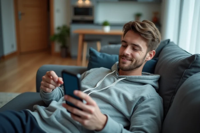 Un jeune homme utilisant une application de micro-avance instantanée sur son smartphone depuis son canapé
