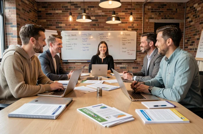 Groupe de collègues adultes participant à un atelier de formation professionnelle dans un espace de coworking moderne