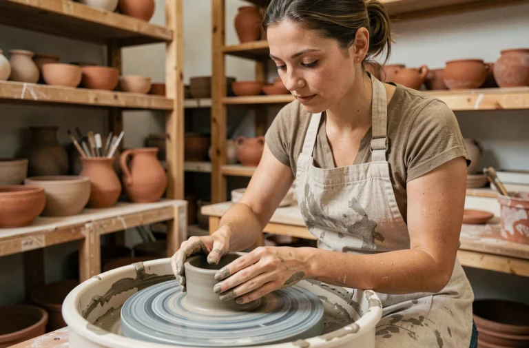 Femme adulte modelant un bol en céramique sur un tour de poterie dans un atelier artisanal, activité créative de loisir
