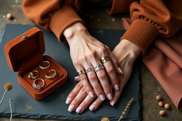 Mains féminines ornées de bagues empilées en métaux mixtes sur fond ardoise avec écrin de bijoux ouvert