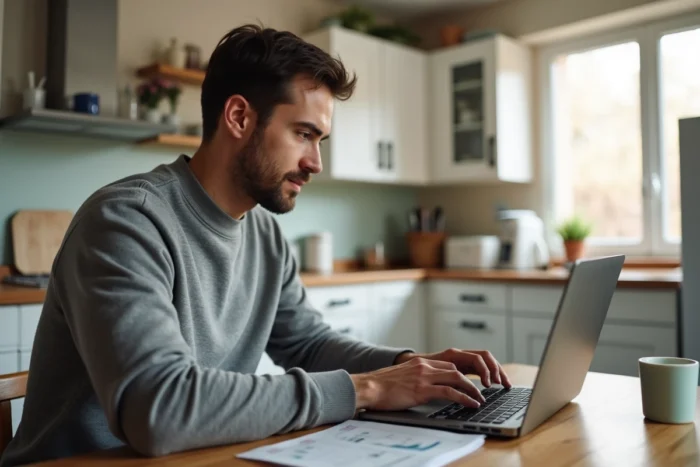 Un homme consulte son application bancaire en ligne depuis son domicile sur un ordinateur portable