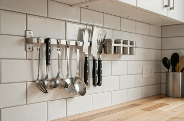 Barre aimantée en inox fixée au mur d'une petite cuisine, organisant couteaux et ustensiles pour libérer le plan de travail et optimiser l'espace