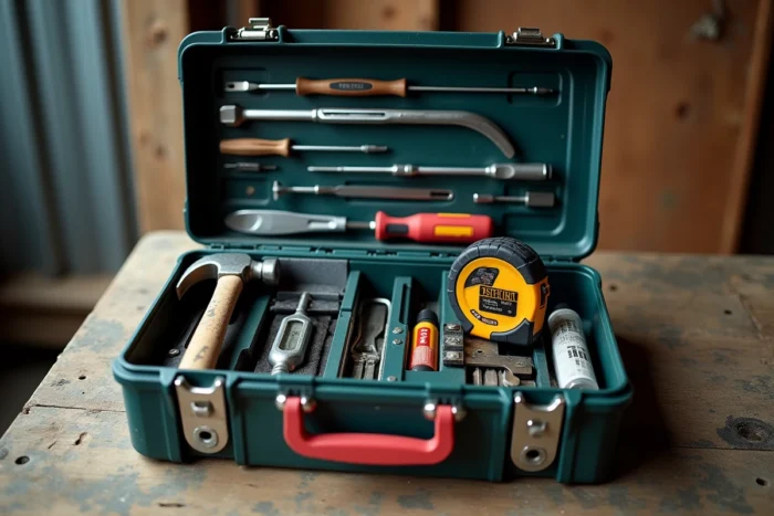 Boîte à outils ouverte avec équipement de bricolage professionnel posée sur un établi en bois