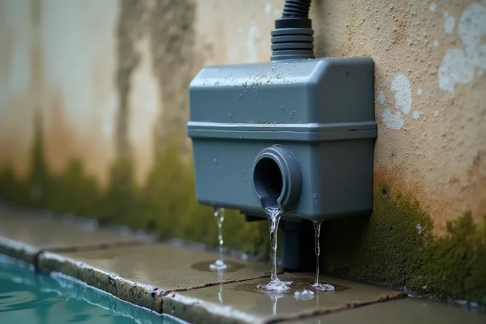 Gros plan sur le boîtier électrique d'une pompe de piscine mouillée fixée sur un mur extérieur sous la pluie