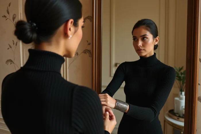 Jeune femme en col roulé noir bouclant un bracelet manchette en argent oxydé devant un miroir vintage dans un dressing parisien