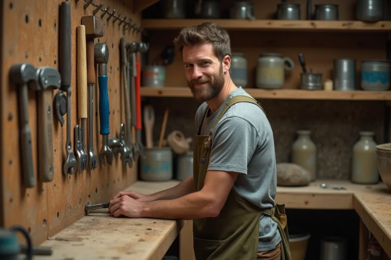 Bricoleur organisant ses outils sur un panneau perforé dans un atelier de maison authentique