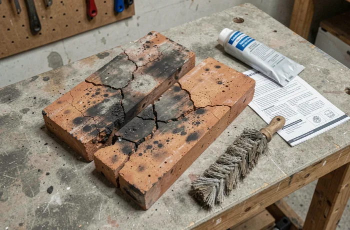 Briques réfractaires fissurées et matériaux de réparation posés sur un établi d'atelier