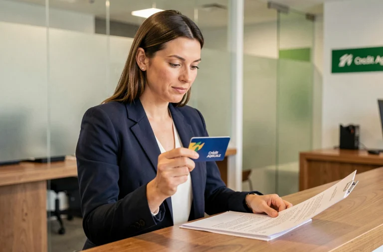 Femme professionnelle tenant une carte bancaire Crédit Agricole dans une agence moderne en 2026