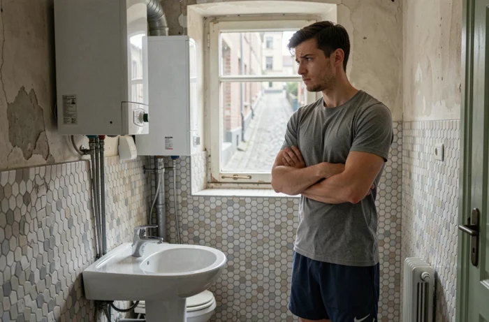 Homme perplexe devant un chauffe-eau en panne dans une salle de bain bruxelloise