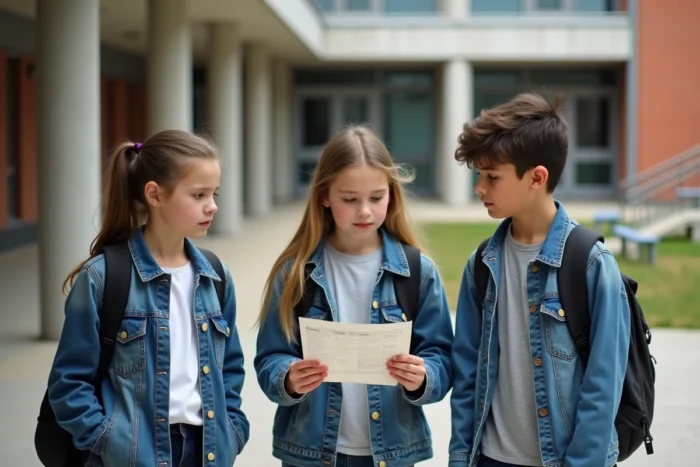 Groupe de collégiens consultant leur emploi du temps face aux changements de la classe 2026 dans une cour d'école