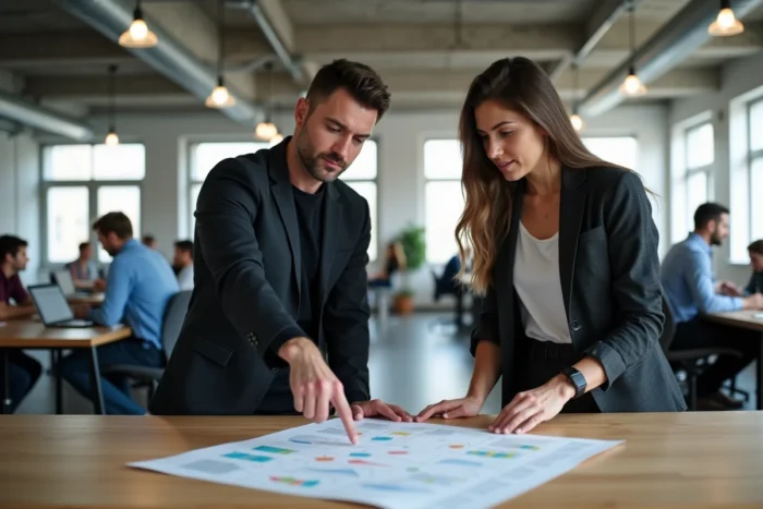 Deux collègues analysant ensemble le plan du site Business Hack dans un espace de coworking moderne