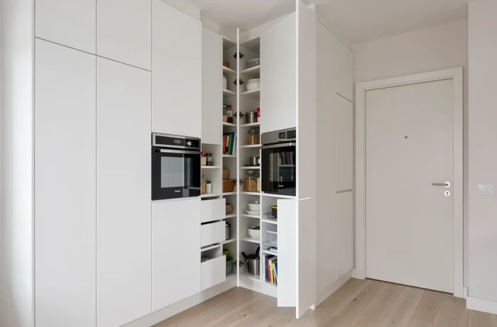 Colonnes de rangement du sol au plafond en laque blanche mate dans une petite cuisine, exploitant toute la hauteur pour maximiser le rangement vertical