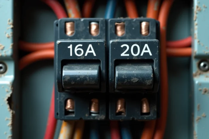 Gros plan comparatif de disjoncteurs 16A et 20A dans un tableau électrique résidentiel