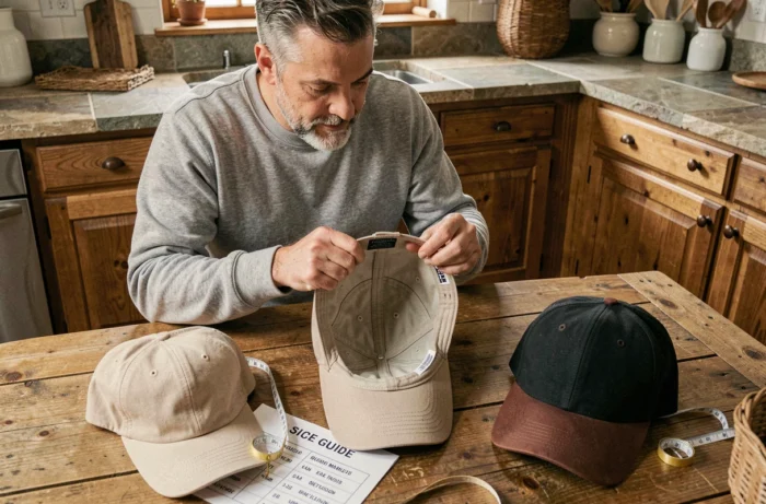 Homme comparant différents types de casquettes et un guide des tailles sur une table en bois pour choisir la coupe adaptée