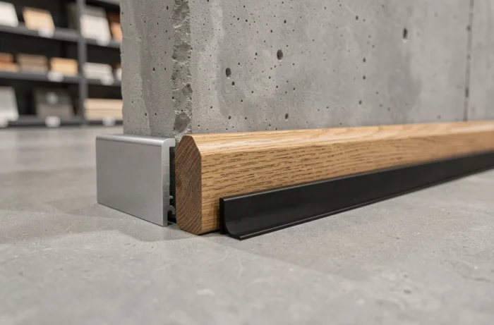 Comparatif de trois types de plinthes — aluminium, bois et métal — posées sur un sol en béton ciré