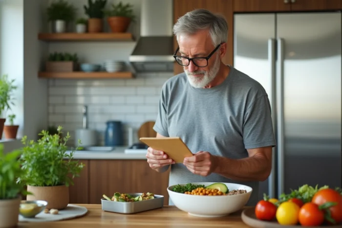 Homme lisant les informations nutritionnelles dans une cuisine moderne avec un bol de dîner sain composé de légumes rôtis, pois chiches, avocat et riz complet