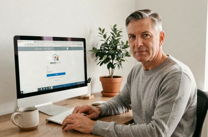 Un homme connecté à sa messagerie académique webmail depuis son bureau à domicile