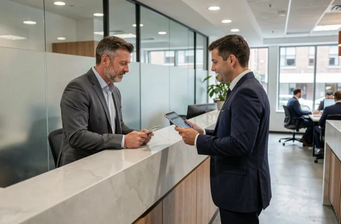 Homme consultant un conseiller financier dans une agence bancaire moderne pour gérer ses finances