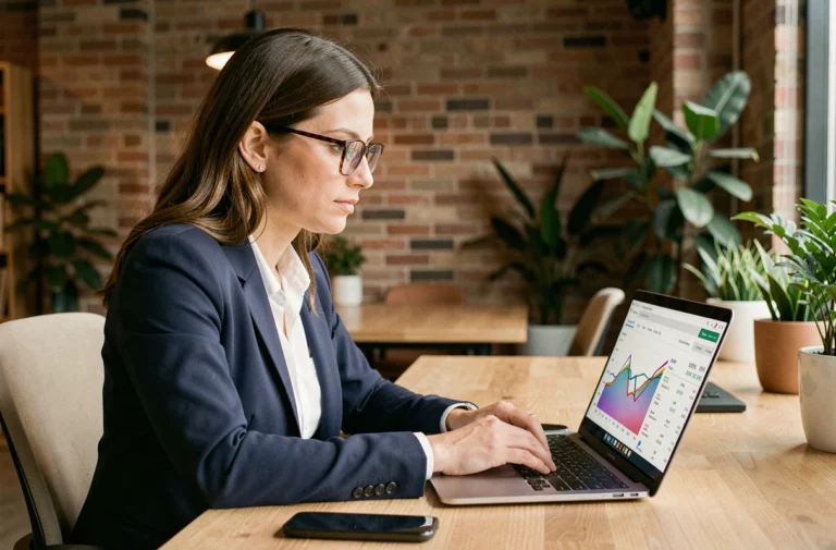 Femme analyste web consultant les statistiques de référencement sur son ordinateur portable dans un bureau moderne