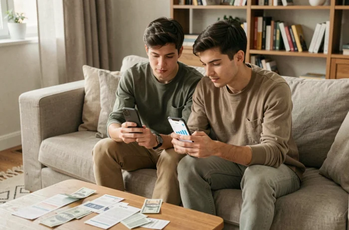 Jeune couple consultant une application de finances personnelles sur smartphone dans leur salon