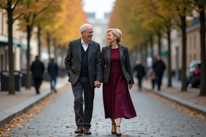 Couple élégant se promenant sur un boulevard parisien aux façades haussmanniennes en automne