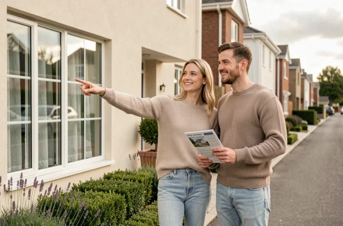 Couple souriant devant une maison moderne à vendre dans un quartier résidentiel paisible