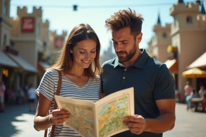 Couple planifiant leur journée à Disneyland en consultant un plan du parc imprimé ensemble