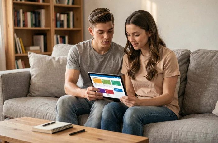Couple consultant ensemble une application de gestion de budget sur tablette dans un salon confortable