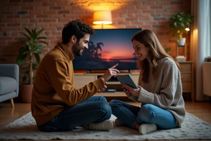 Couple cherchant comment résoudre un bug Disney Plus sur tablette dans leur appartement