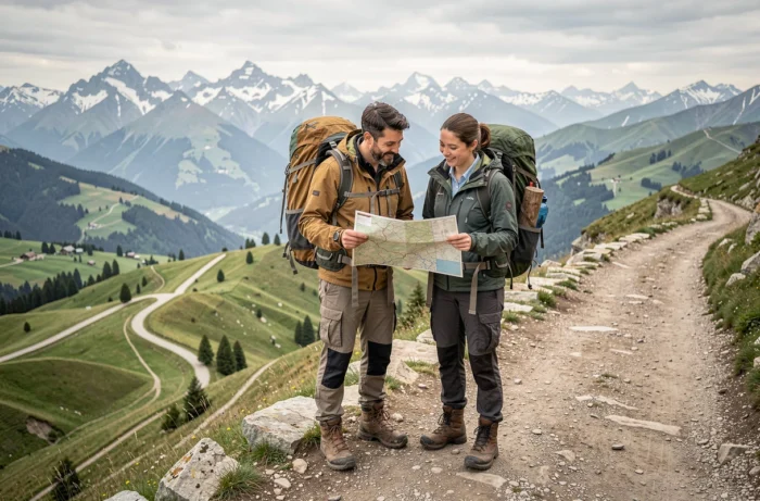 Couple de randonneurs consultant une carte au sommet d'un panorama montagneux avec paysage alpin en arrière-plan