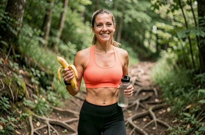Coureuse tenant une banane et une gourde avant un footing en forêt, alimentation sportive naturelle