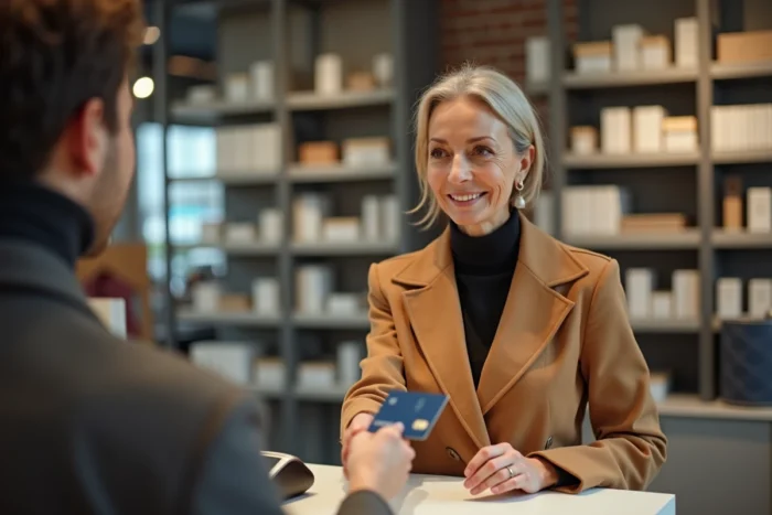 Une femme utilisant une carte bancaire adossée à un crédit renouvelable lors d'un paiement en magasin