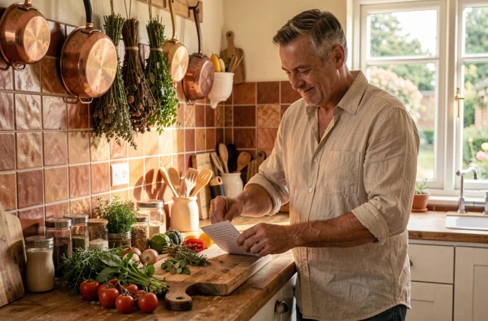 Homme adulte préparant une recette avec des herbes fraîches et légumes dans une cuisine rustique, loisir culinaire