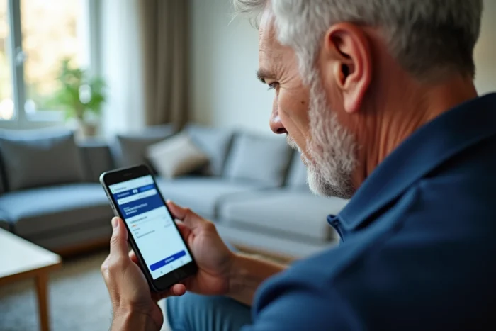 Homme vérifiant les délais d'un virement sur l'application mobile La Banque Postale