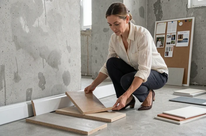 Designer d'intérieur comparant des échantillons de plinthes sur un sol en béton ciré lors d'une rénovation