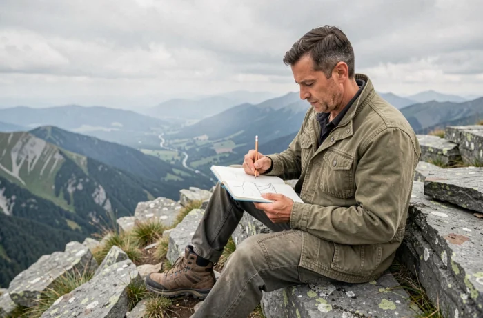 Homme randonneur dessinant un paysage de montagne dans un carnet de croquis assis sur un rocher, loisir en plein air