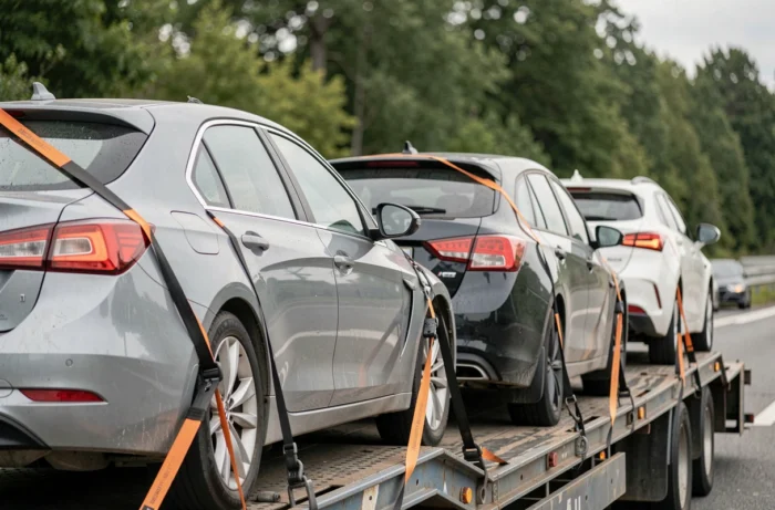 Détail de véhicules arrimés sur un transporteur automobile le long d'une voie rapide